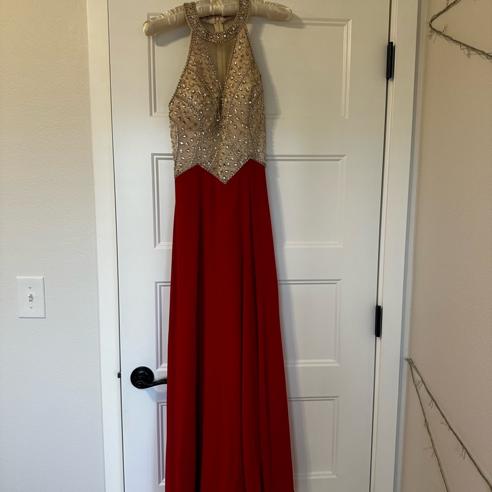 Beaded Halter Dress in Red and Gold